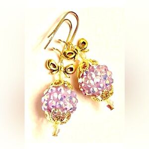 Lavender Purple AB Shambala Disco Ball with Gold Bow Christmas Ornament Earrings
